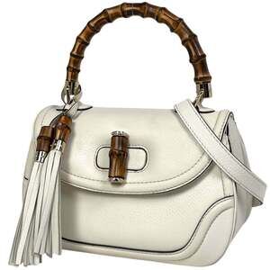 Gucci New Bamboo Handbag, 2-Way Shoulder Bag with Fringe, Leather, White, 254...